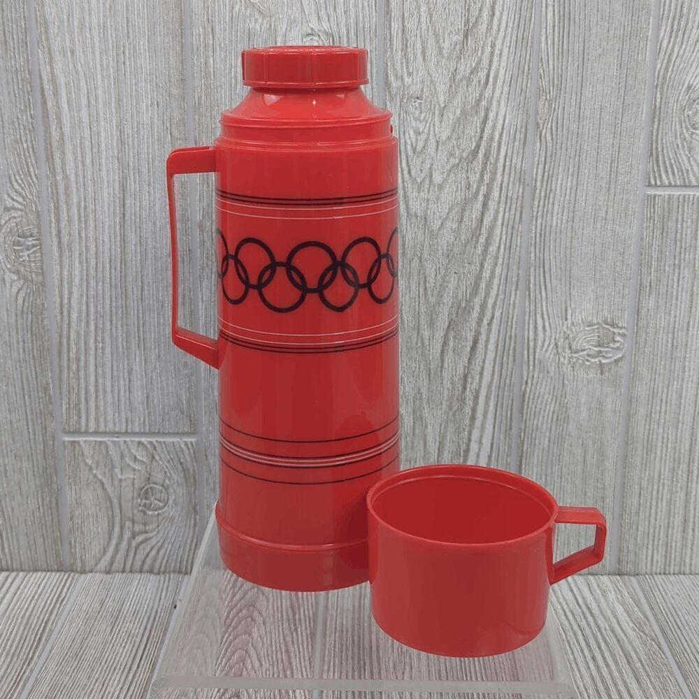 Vintage Aladdin Thermos 1 Quart Red Black Plastic Thermos with Lid USA